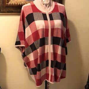 Jones NY Mock turtleneck zippered short dolman sleeve zippered plaid cardigan